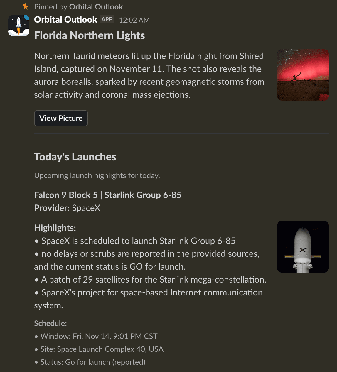Sample Orbital Outlook Slack post showing highlights and launch schedule